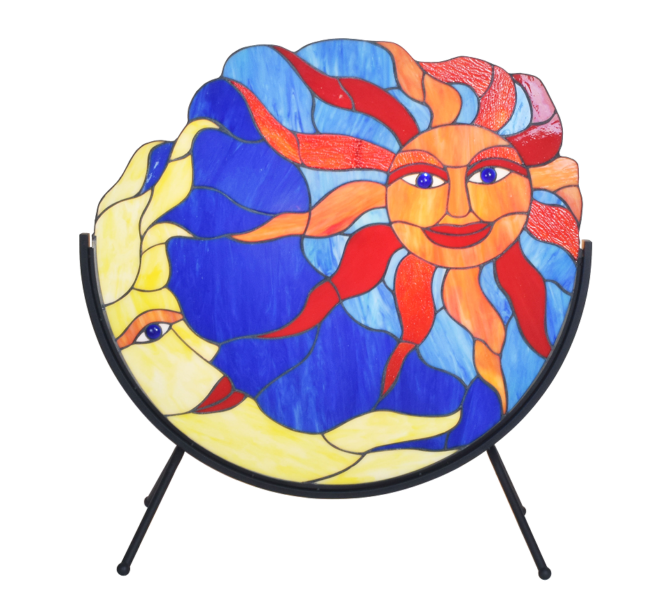 Sun, moon, Tiffany stained glass screen