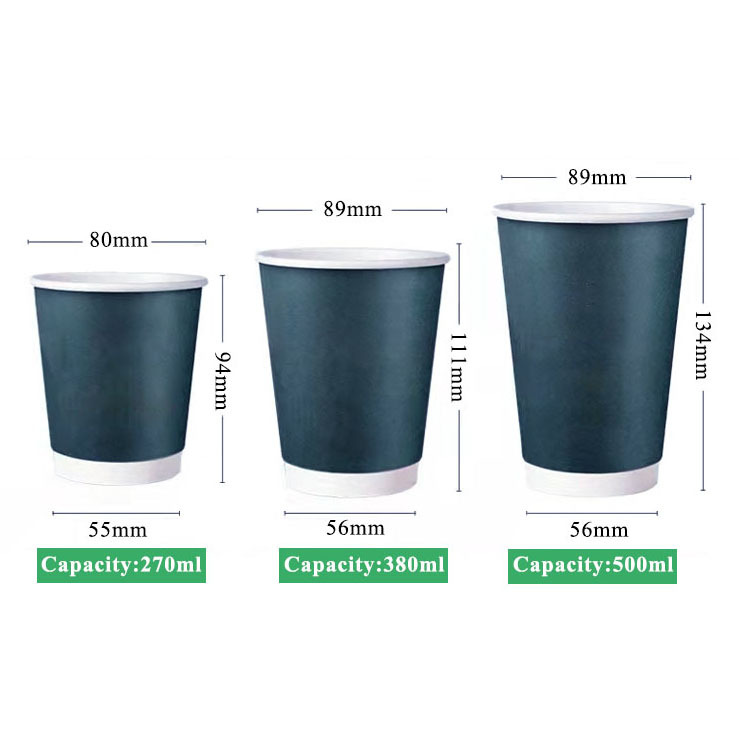 Cawan kertas untuk kopi buang berkualiti tinggi dengan penutup, dinding berganda, bergelombang hitam, tersedia dalam 10oz, 13oz dan 17oz.