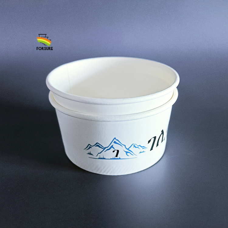 Mangkuk aiskrim 3, 3.5, 4, 4.5 oz. Cawan kertas buang dinding sederhana yang dicetak khas untuk pembungkusan yogurt beku dan smoothie.