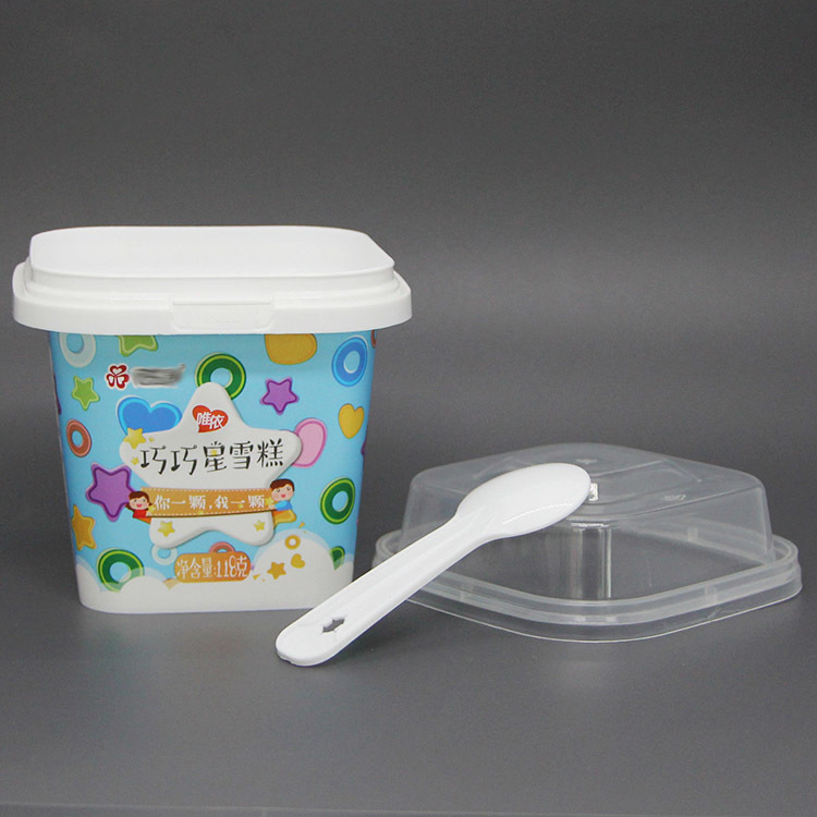 Cawan plastik segi empat putih IML untuk aiskrim 9 oz 250 ml, tahan panas, dengan penutup, ideal untuk puding.
