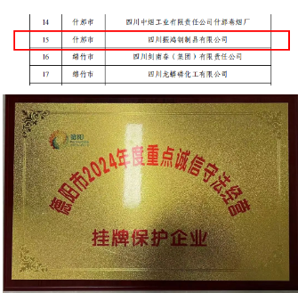 振鸿钢管荣耀上榜2024年度德阳市首批重点诚信守法经营企业名单！