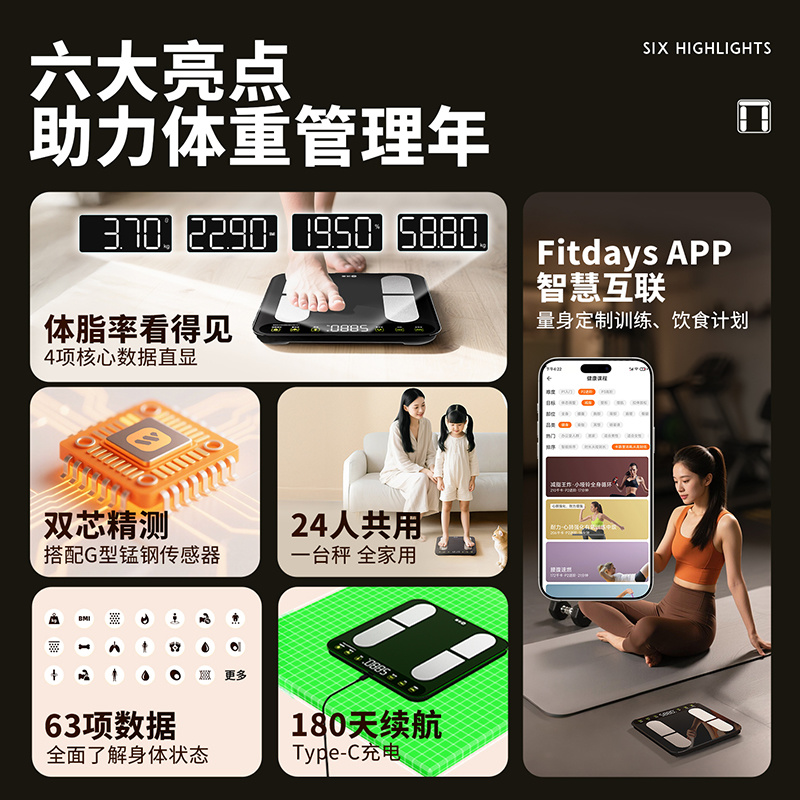 沃莱科技智能四电极体脂秤S101
