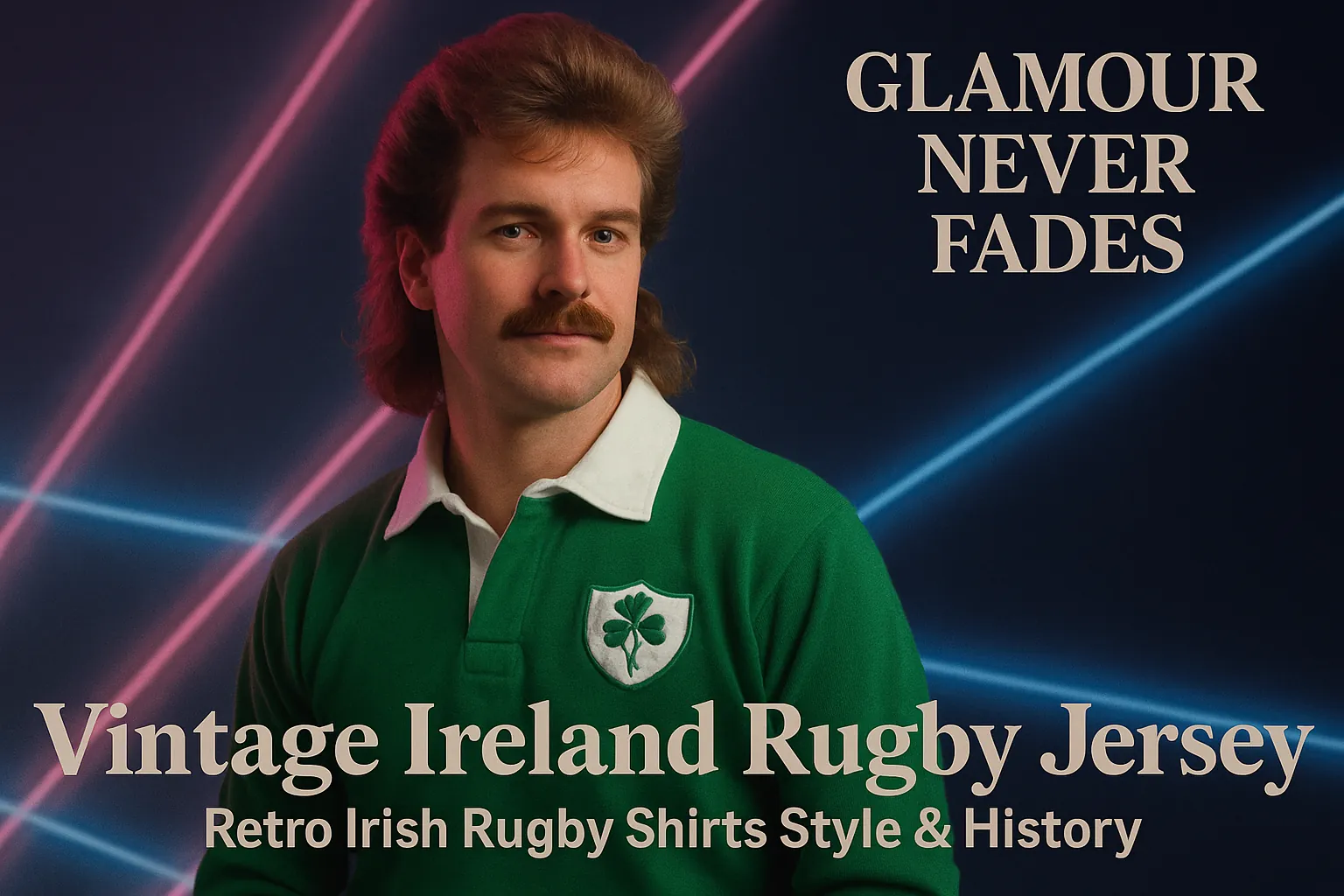 Man wearing a vintage Ireland rugby jersey with the Irish crest, showcasing retro Irish rugby style with a classic 1980s look.