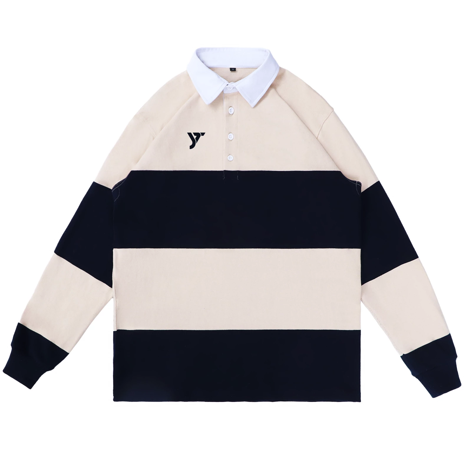 Beige Navy Striped Long Sleeve Rugby Shirt