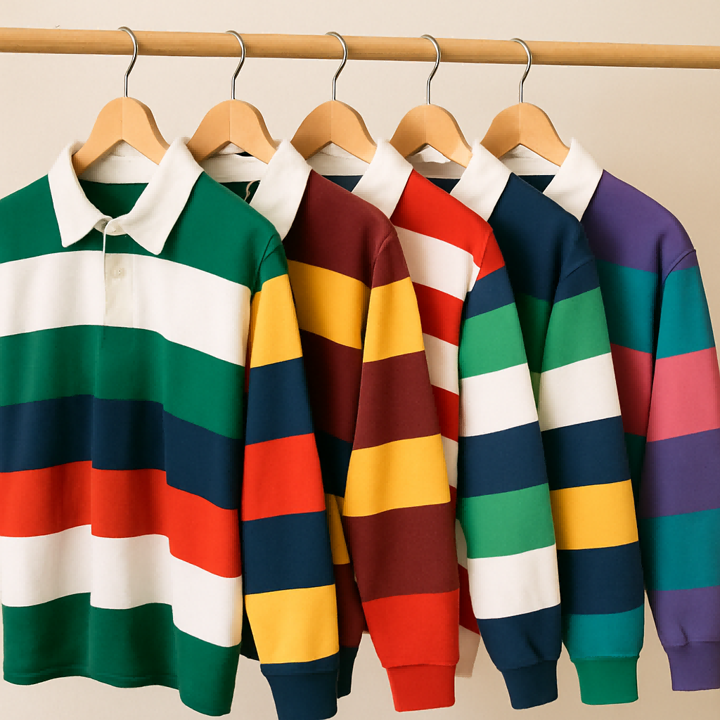 A collection of colorful retro rugby tops displayed on hangers