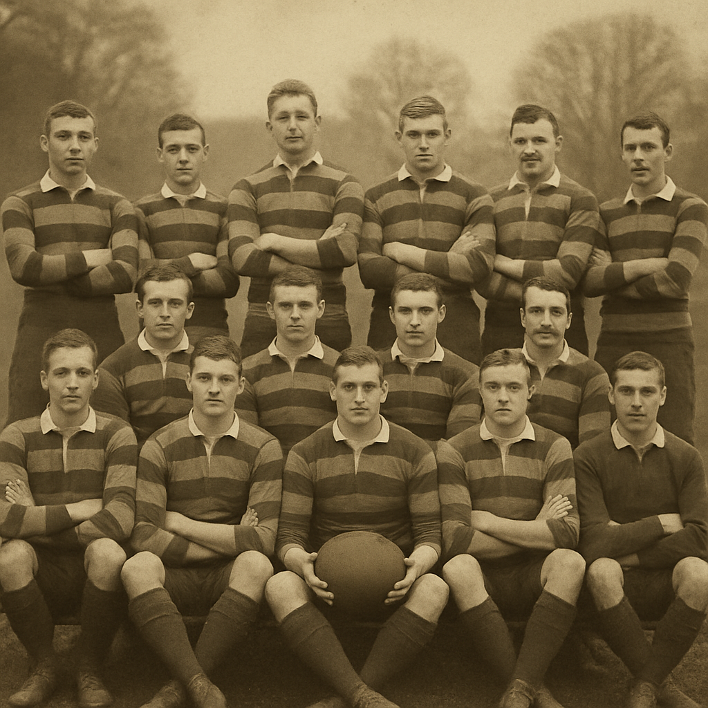 A vintage photograph of early rugby players wearing traditional rugby tops