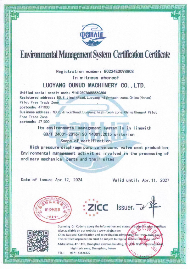 Environmental Management System Certification Certificate