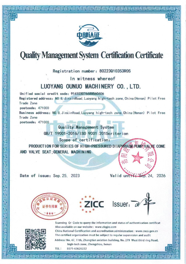 Quality Management System Certification Certificate