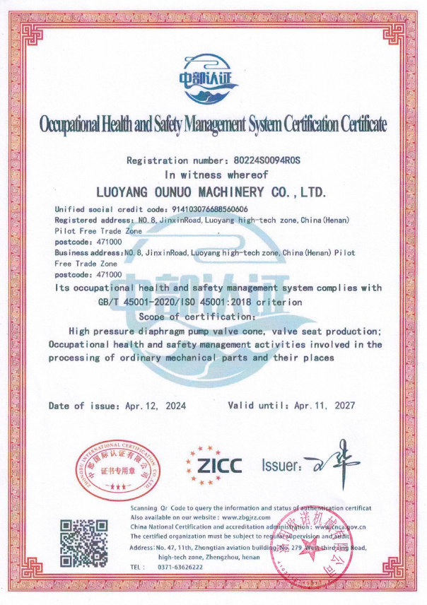 Occupational Health and Safety Management System Certification Certificate