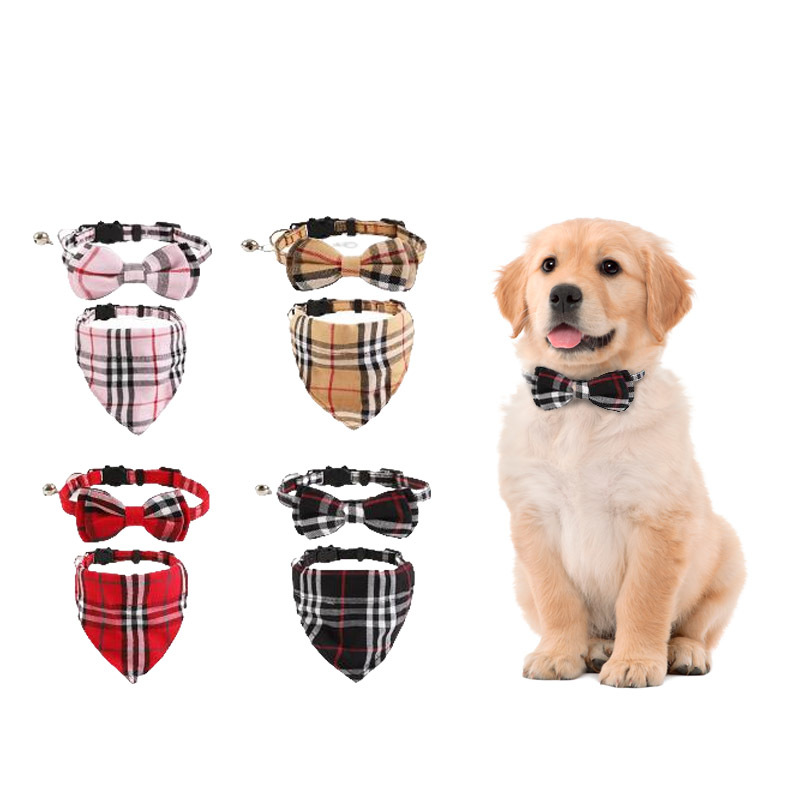 Triangular Tartan Scarf Custom Wholesale Plaid Dog Collar Bow Tie Colorful Wedding Dog Collar Pearl Collar OEM
