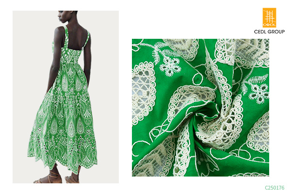 100% Cotton Fabric for Party Dress Woven Embroidered Breathable Green Dress Fabric