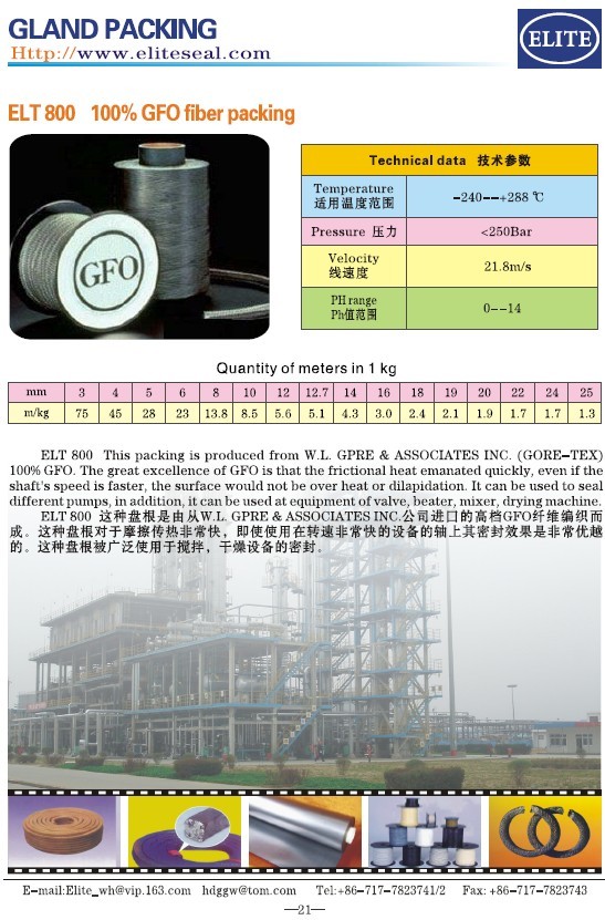  This packing is made from high-grade GFO fiber woven from W.L. GPRE & ASSOCIATES INC. This packing is excellent for friction heat transfer, and its sealing effect is superior even when used on shafts of high-speed equipment. This packing is widely used in the sealing of mixing and drying equipment. 