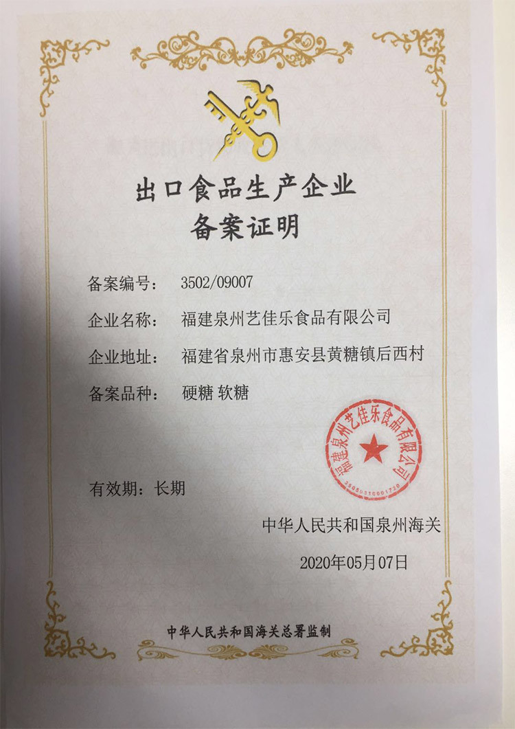 Registration Certificate for Export Food Production Enterprises