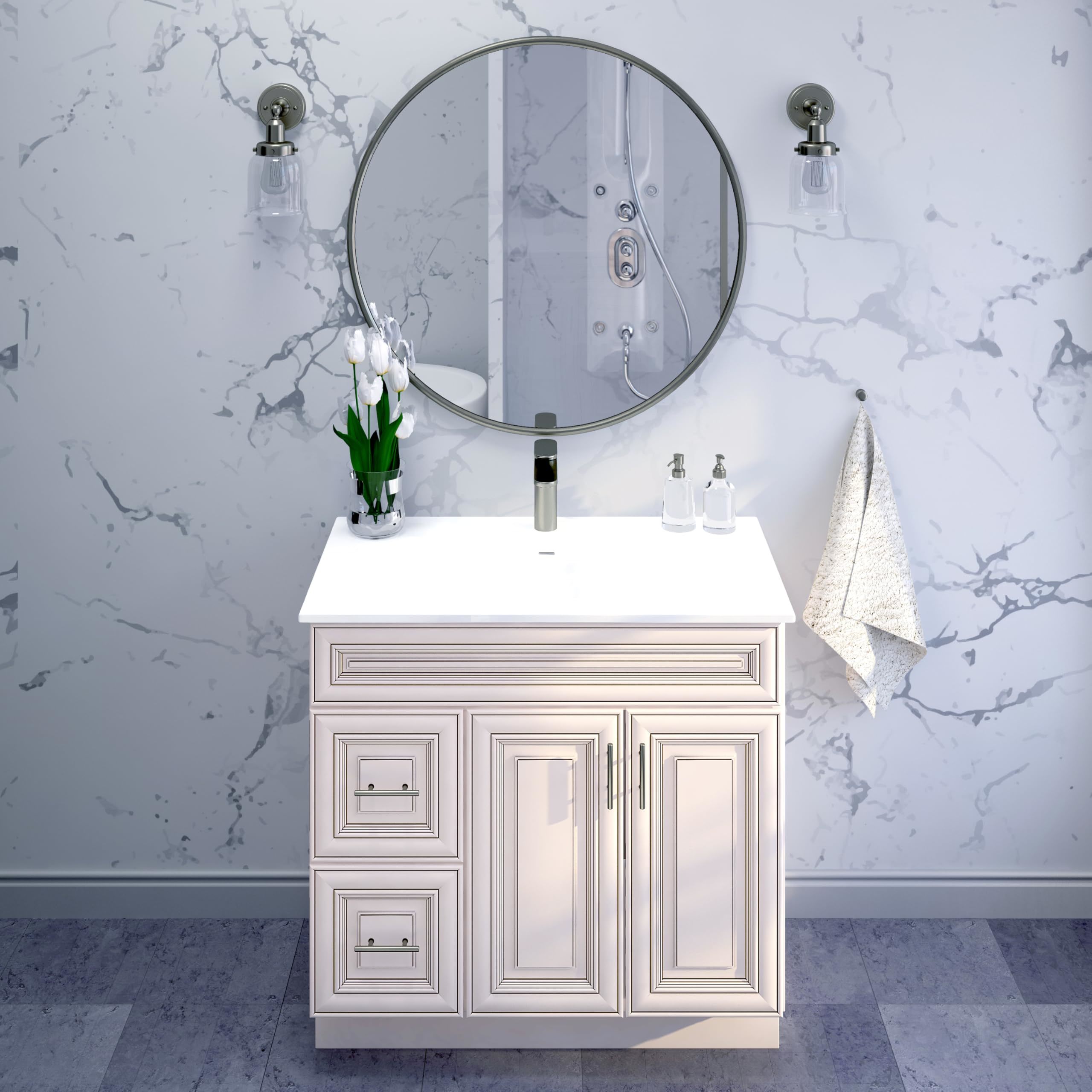 36" Shaker Bathroom Vanity Sink Base with Drawers (Ready-to-Assemble) (Antique White Vanity Base)
