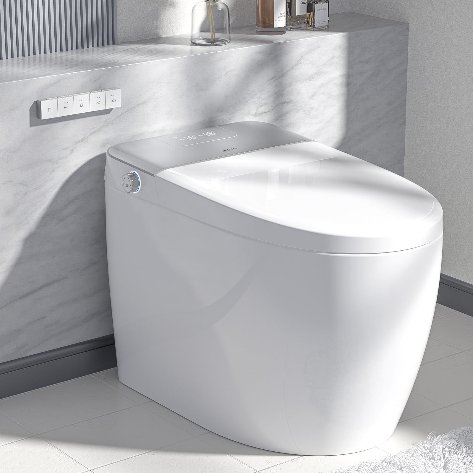 Smart Tankless Toilet with Built-in Bidet Seat: Auto Lid Functions, Heated Seat, Digital Display, Remote Control, & Elongated Design