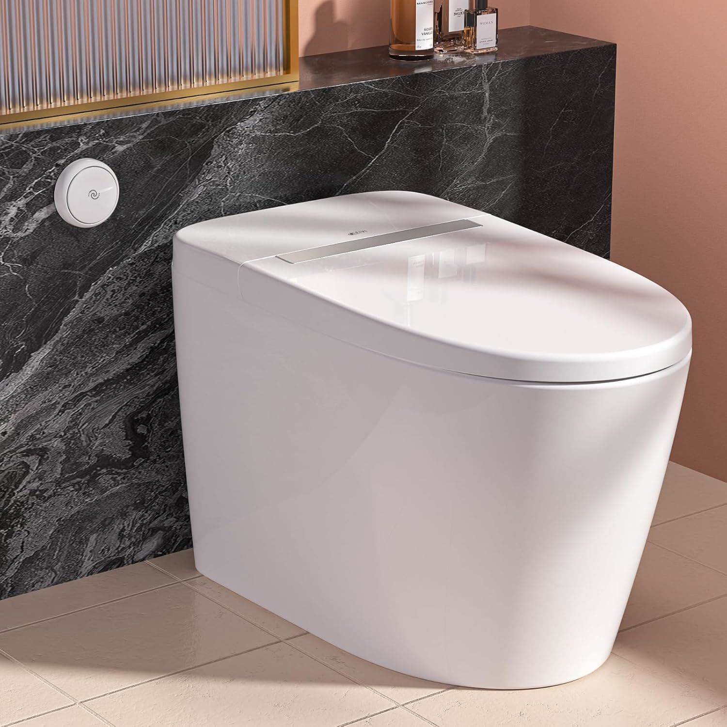 KASI Smart Toilet: Featuring Built-in Heated Seat, Tankless Design, Auto Flushing, Adjustable Temp Seat, Remote Flush Control, and Elongated Bowl