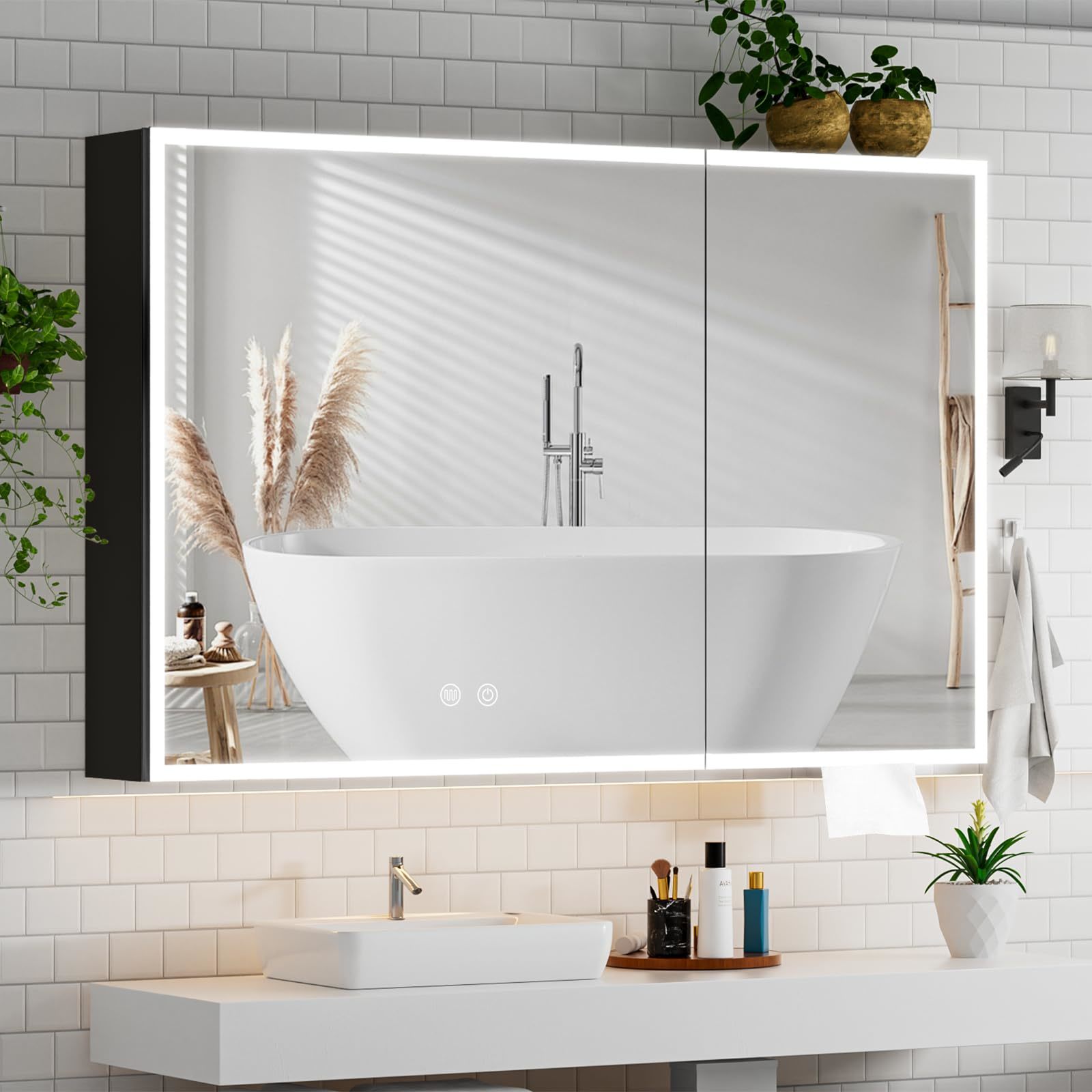 Bathroom Medicine Cabinet Mirror with Storage, Recessed or Surface Mount Medicine Cabinet with Mirror 24 x 32, Over The Toilet Storage Cabinet Bathroom Wall Cabinet, 2 Door Cream