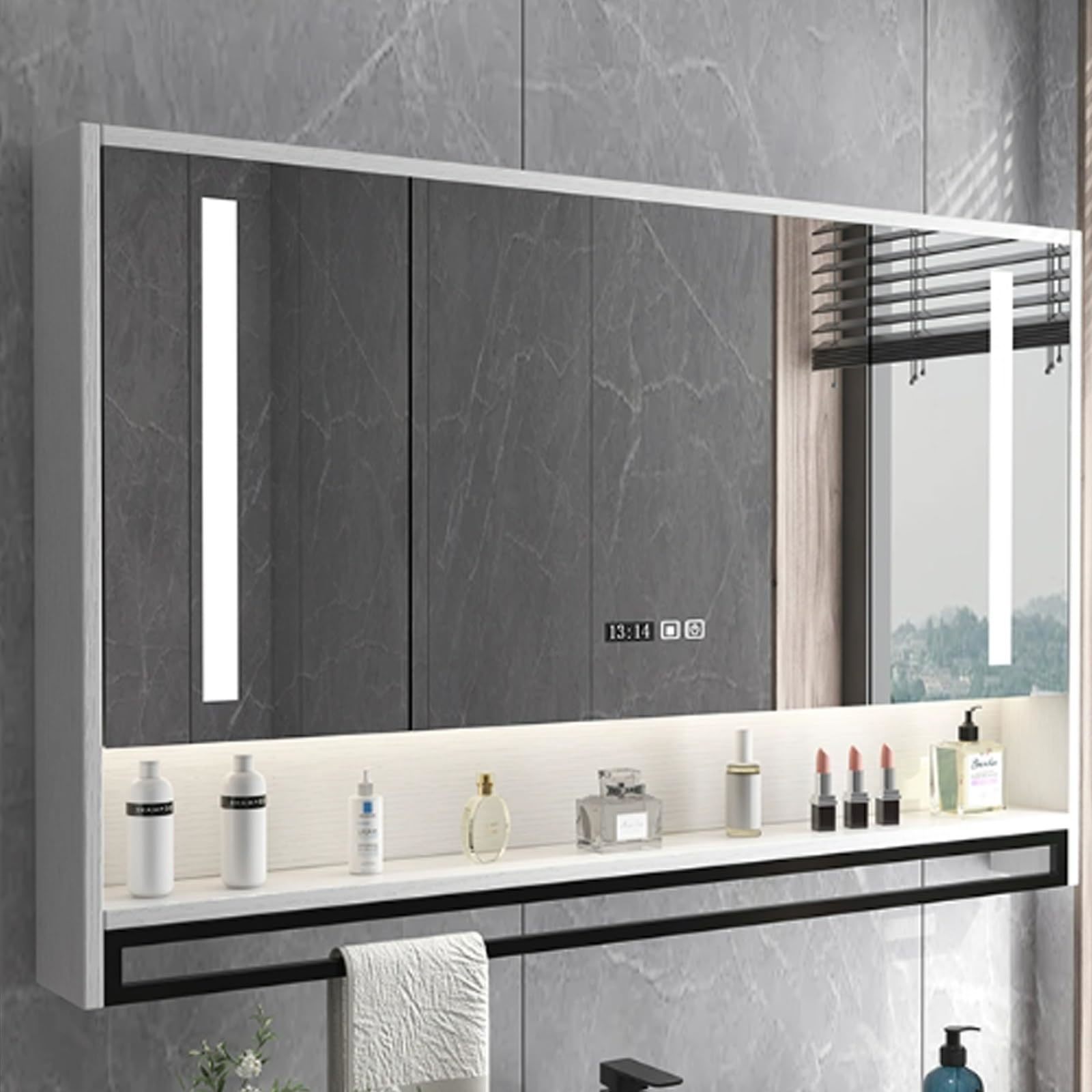 Modern Bathroom Medicine Cabinet: HD Anti-Fog Mirror with LED Lights, Clock & Temp Display, Towel Bar, & Touch Switch Storage Organizer