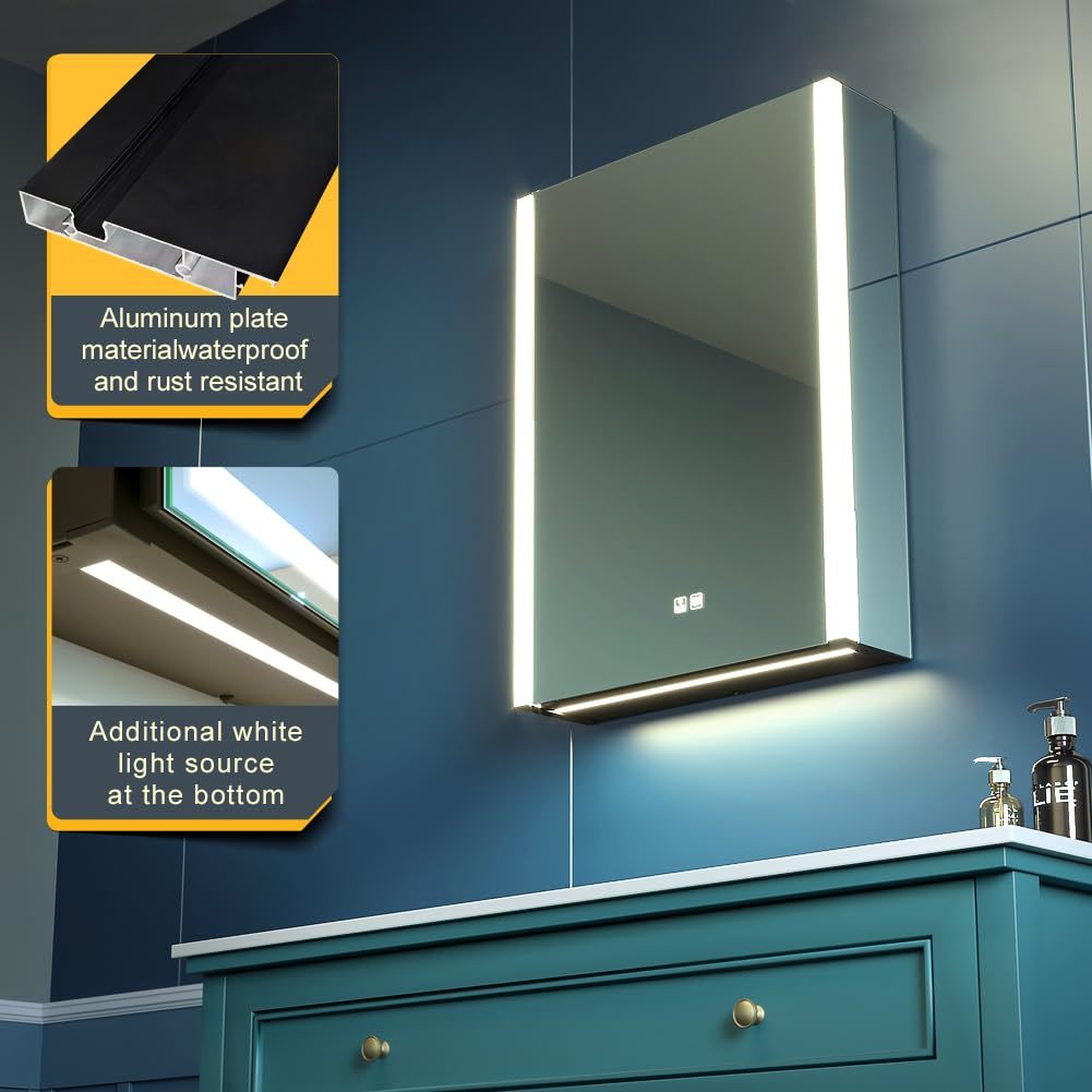 32x28 Inch LED Bathroom Mirror Cabinet: Wall Mounted with Socket & USBs, Defogger, Dimmable 3-Color Makeup Mirror, Easy Installation