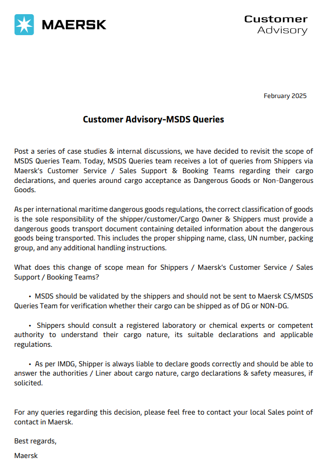 Important! New MSDS regulations for shipping companies, customers are responsible for classifying dangerous goods, and all consequences are borne by the customer.