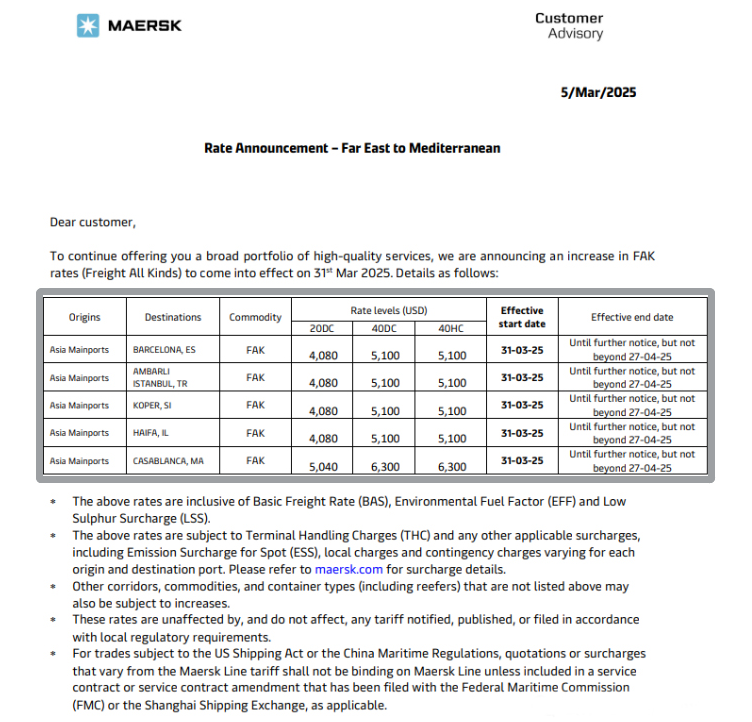 马士基率先发布4月涨价通知