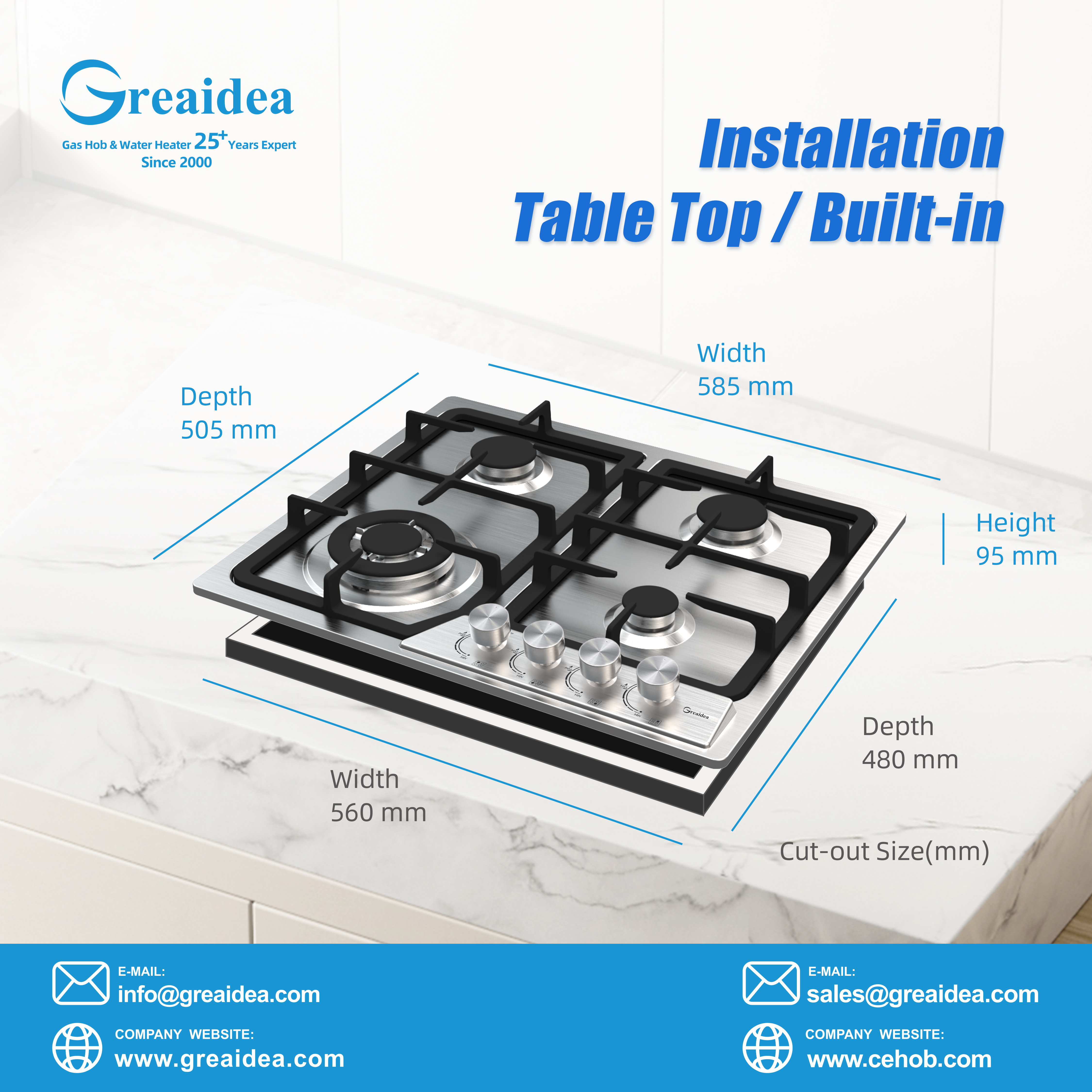  Газовая варочная панель Greaidea с 4 конфорками из нержавеющей стали оснащена большими чугунными подставками под кастрюли 