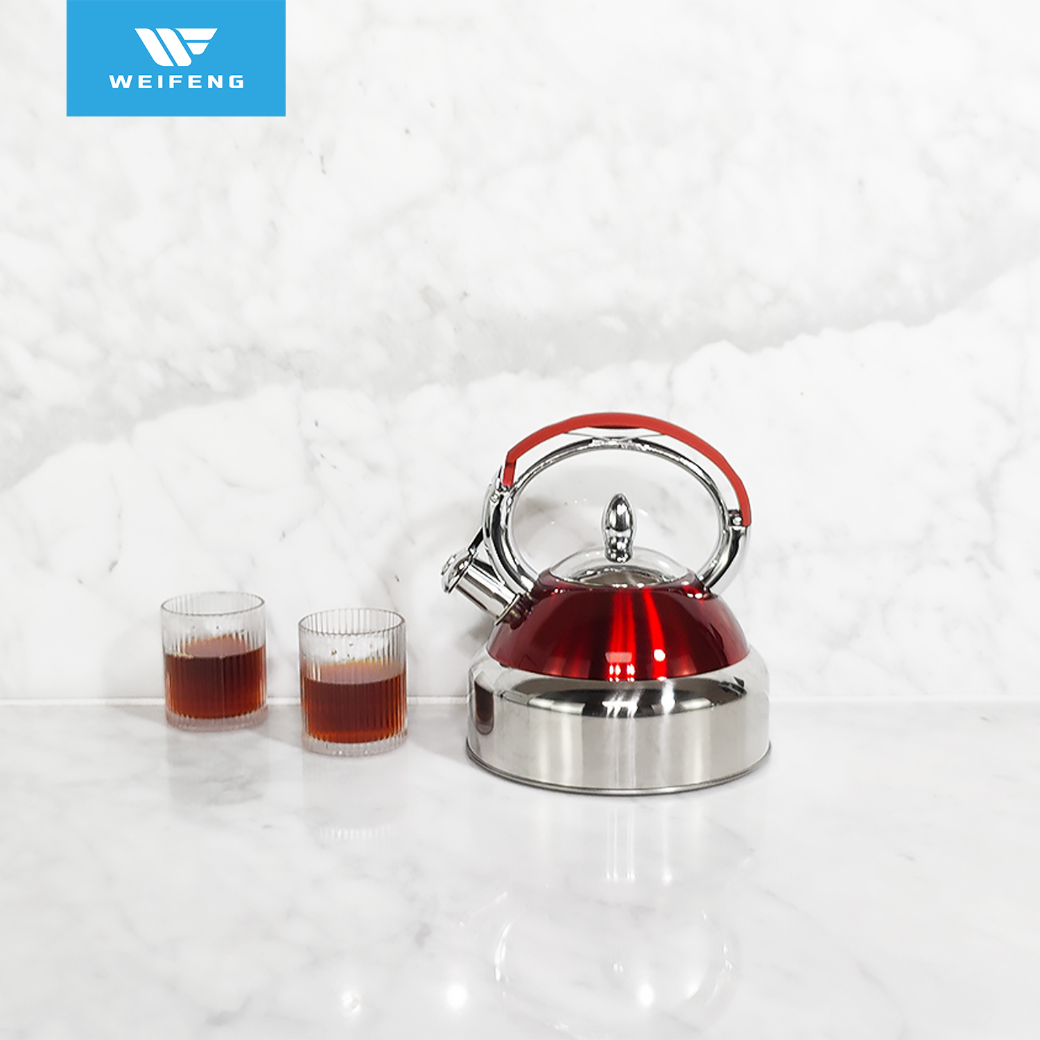 Red Colored Stainless Steel Whistling Kettle with Silicone Handle