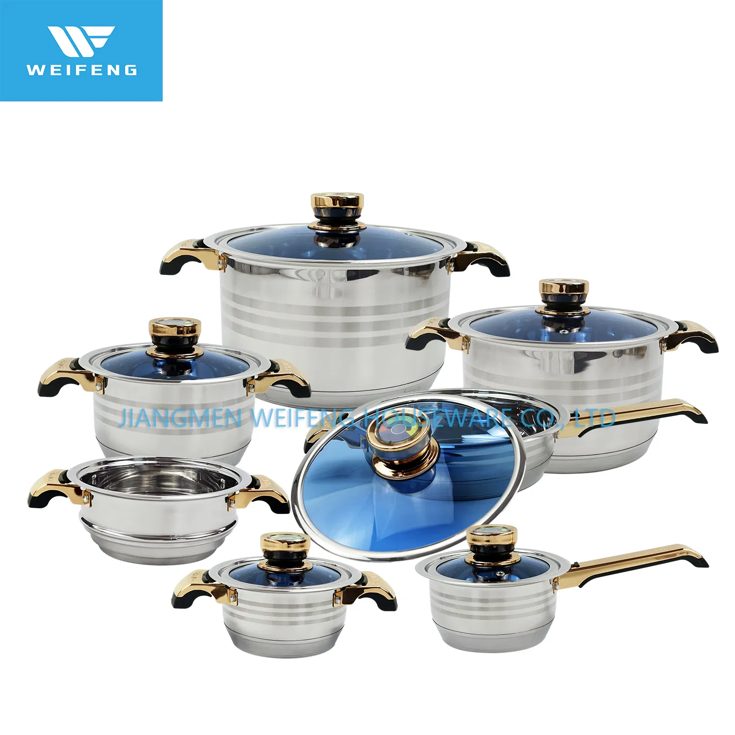 Juego de utensilios de cocina de acero inoxidable de borde ancho personalizado al por mayor con perilla de termómetro chapada en oro