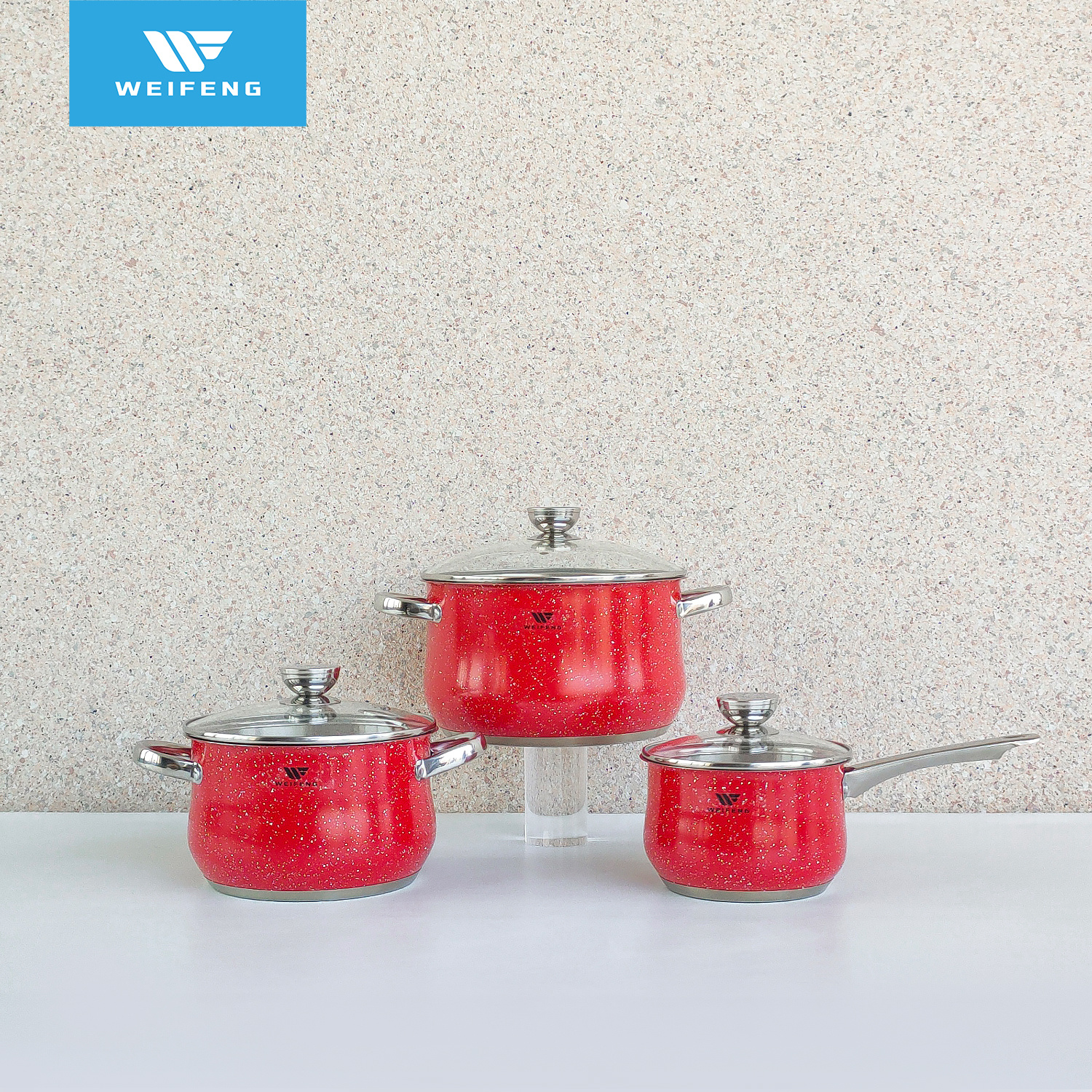 6PCS Eye-catching Red Coating Belly Shape Stainless Steel Cookware Set