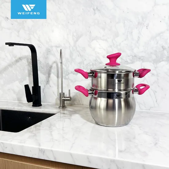 Pink Soft Touch Handle Couscous Pot Stainless Steel Cookware