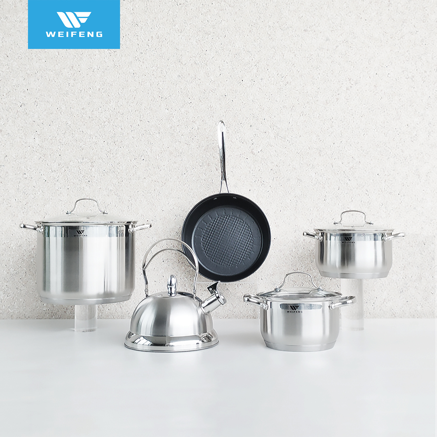 Satin Finish with a Mirror Band, Stainless Steel Cookware with Whistling Kettle