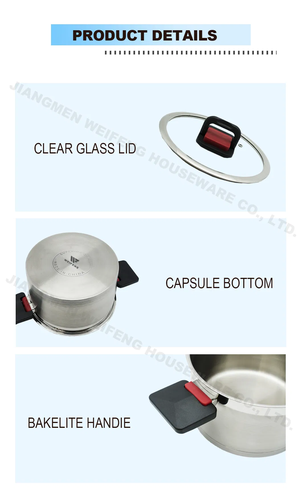 6PCS Straight Bottom Stainless Steel Cookware Set with Foldable Bakelite Handle