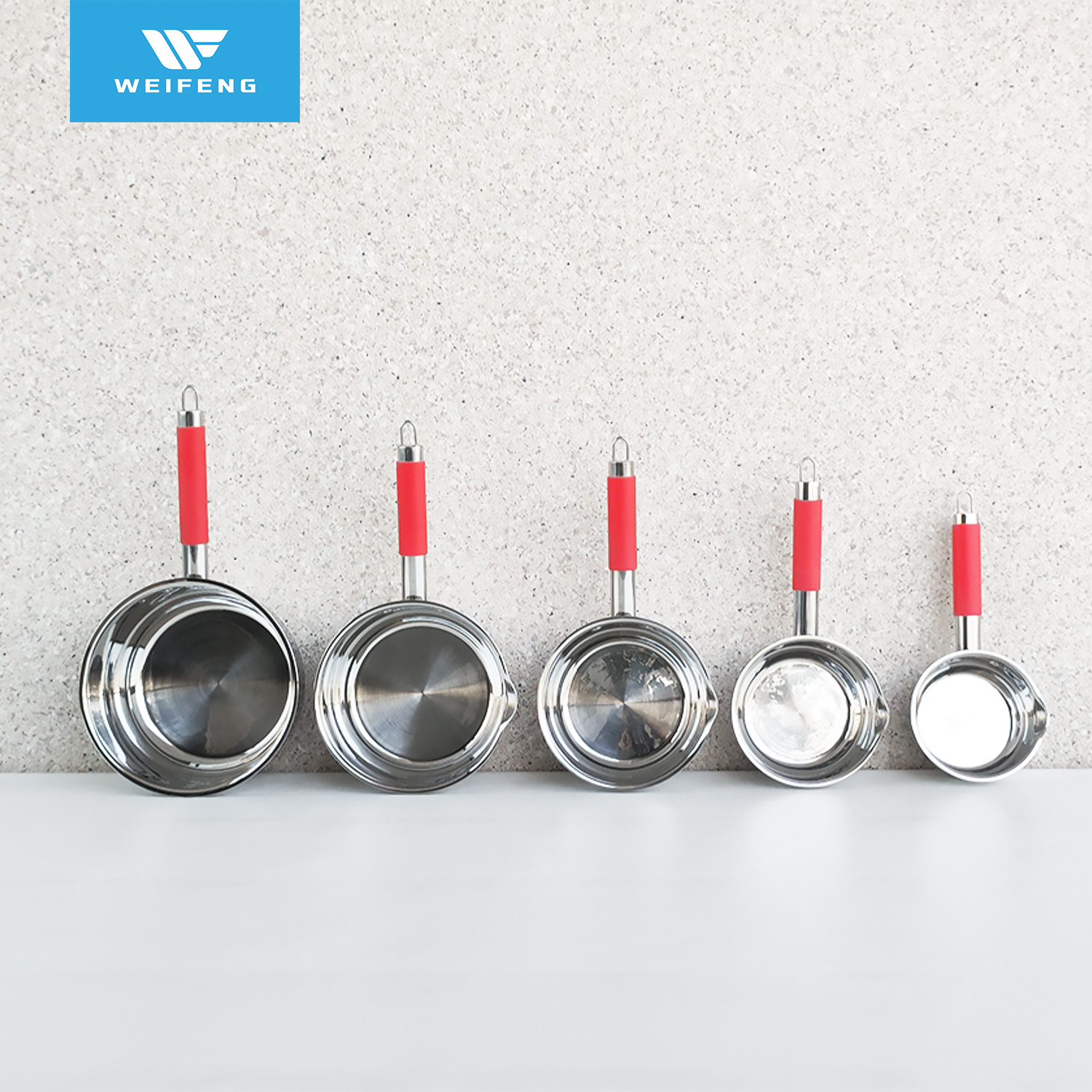 5-Piece Kitchen Ware Red Silicone Saucepan Set Stainless Steel Cookware
