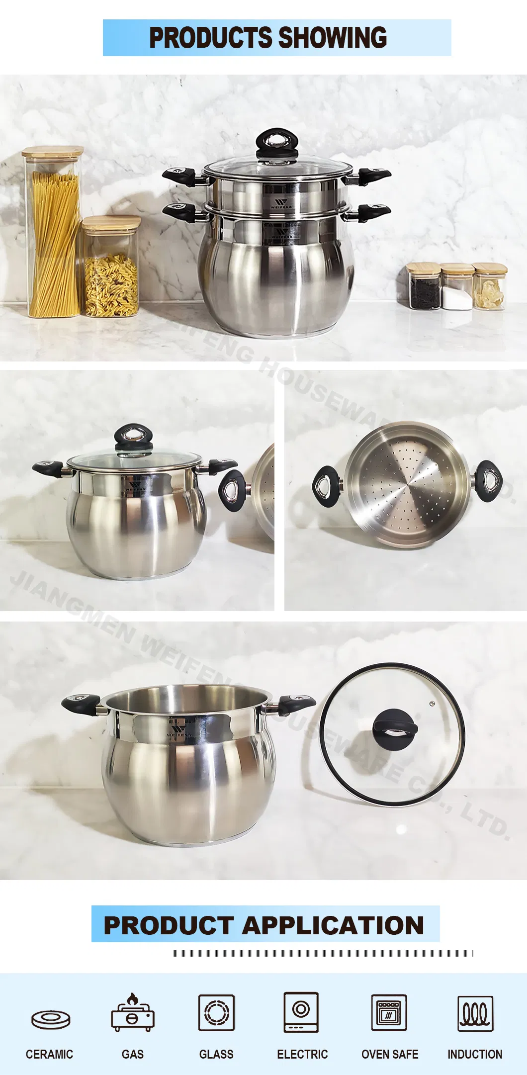 3PCS Couscous Pot Stainless Steel Cookware Set with Black Soft Touch Handle