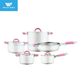 Juego de utensilios de cocina de 9 piezas de acero inoxidable con mango de silicona rosa