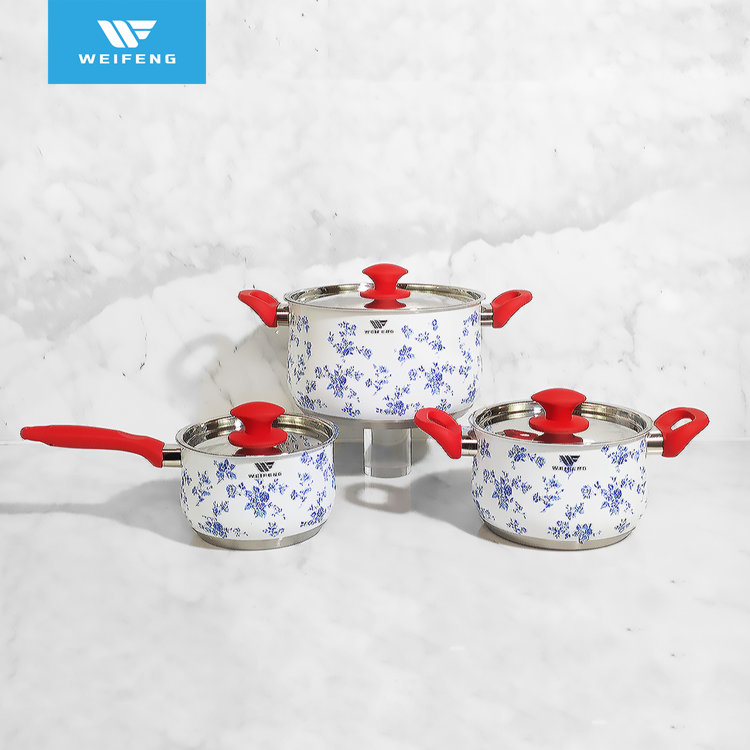 Blue Pattern Stainless Steel Cookware Set with Red Soft Touch Handle