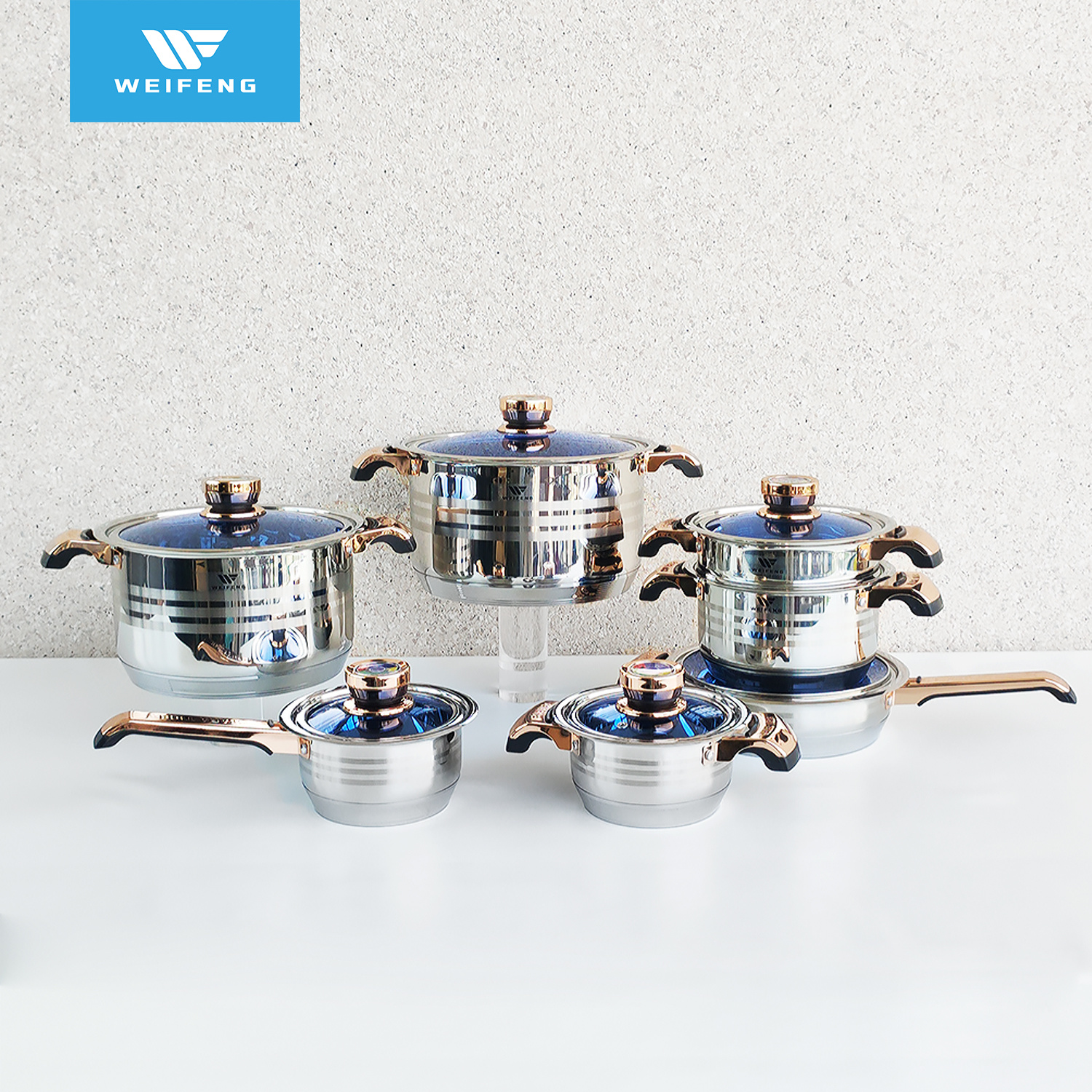 Wholesale Custom Wide Edge Stainless Steel Cookware Set with Gold-Plated Thermometer Knob