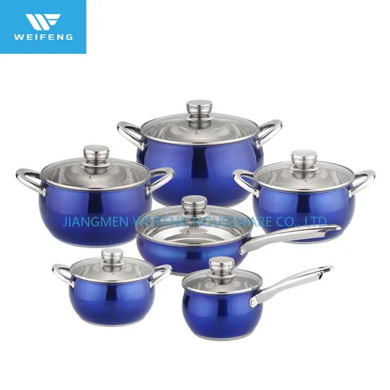 Juego de utensilios de cocina de acero inoxidable de 12 piezas con revestimiento azul y sartén.