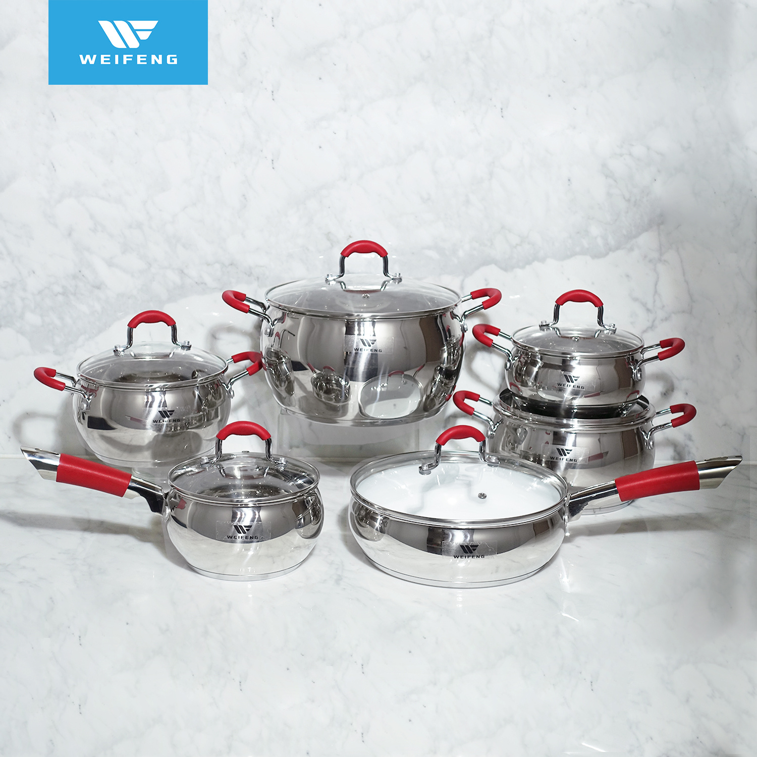 Home Kitchen Cooking Set, Apple Shape Stainless Steel Cookware Set with Red Silicone Handle