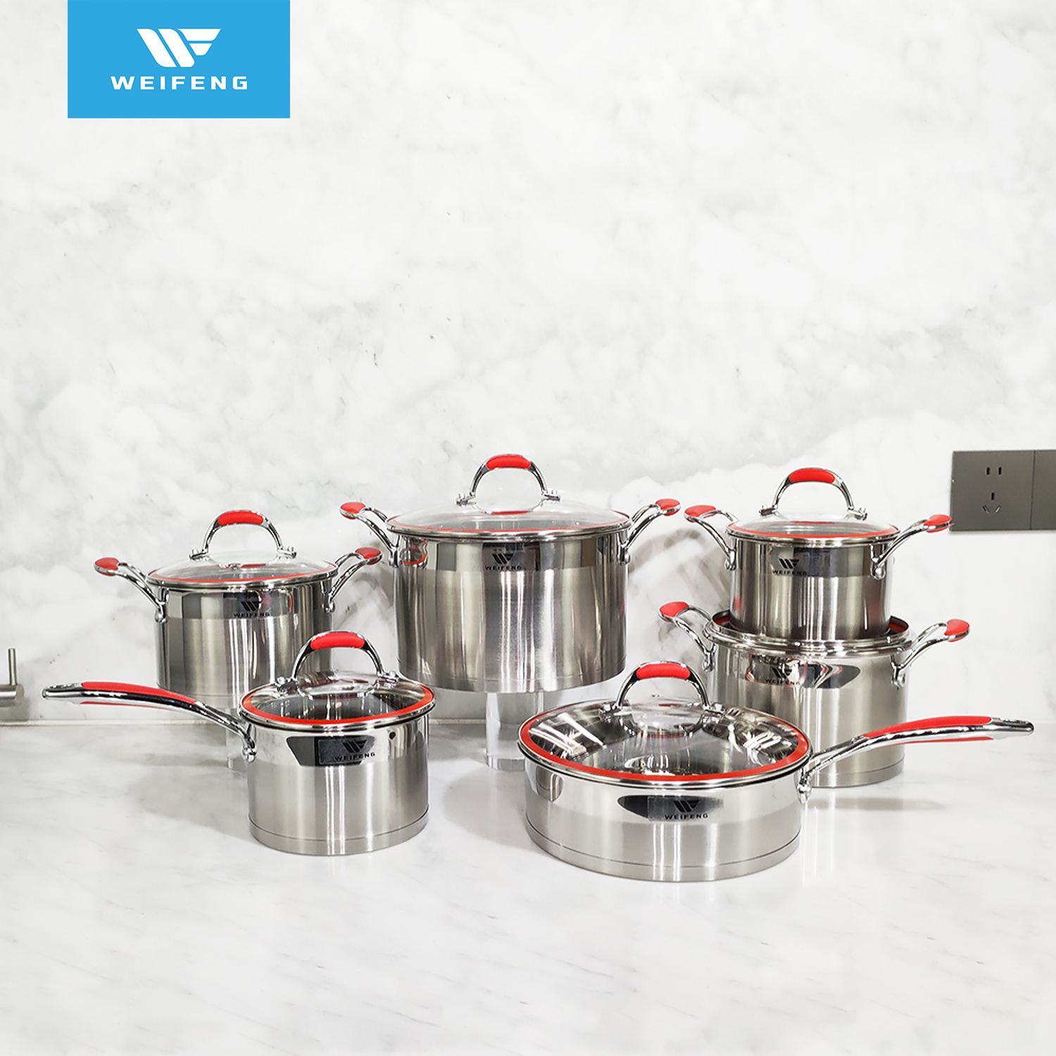 Straight Bottom Stainless Steel Cookware Set with Colored Silicone Handle