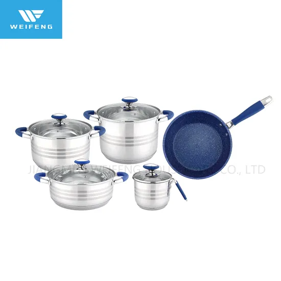 Juego de utensilios de cocina de acero inoxidable de 9 piezas con mango de silicona azul