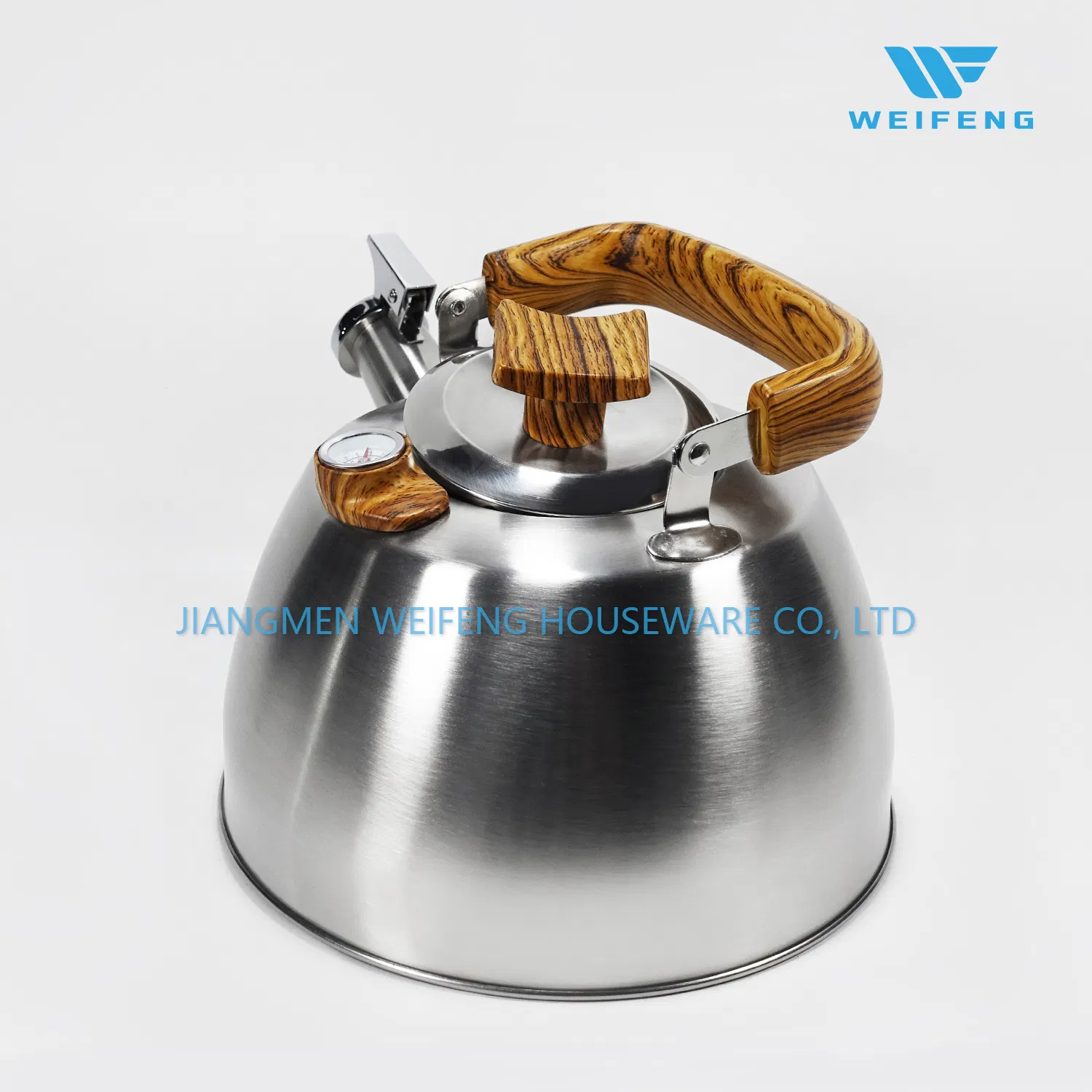 Wooden Soft Touch Handle Stainless Steel Whistling Kettle with Thermometer