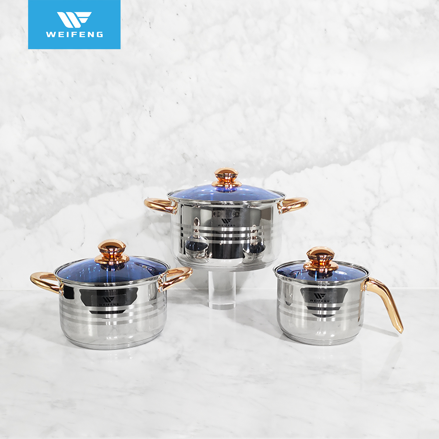 Compatible with all Stovetops Stainless Steel Cookware Set with Blue Glass Lid