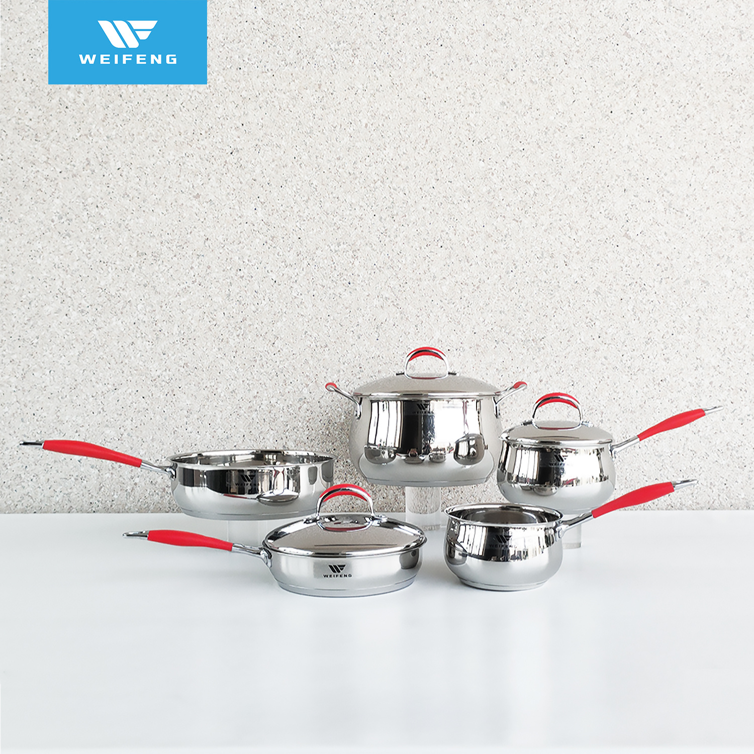 Red Silicone Handle Belly Shape Kitchen Ware Stainless Steel Cookware Set