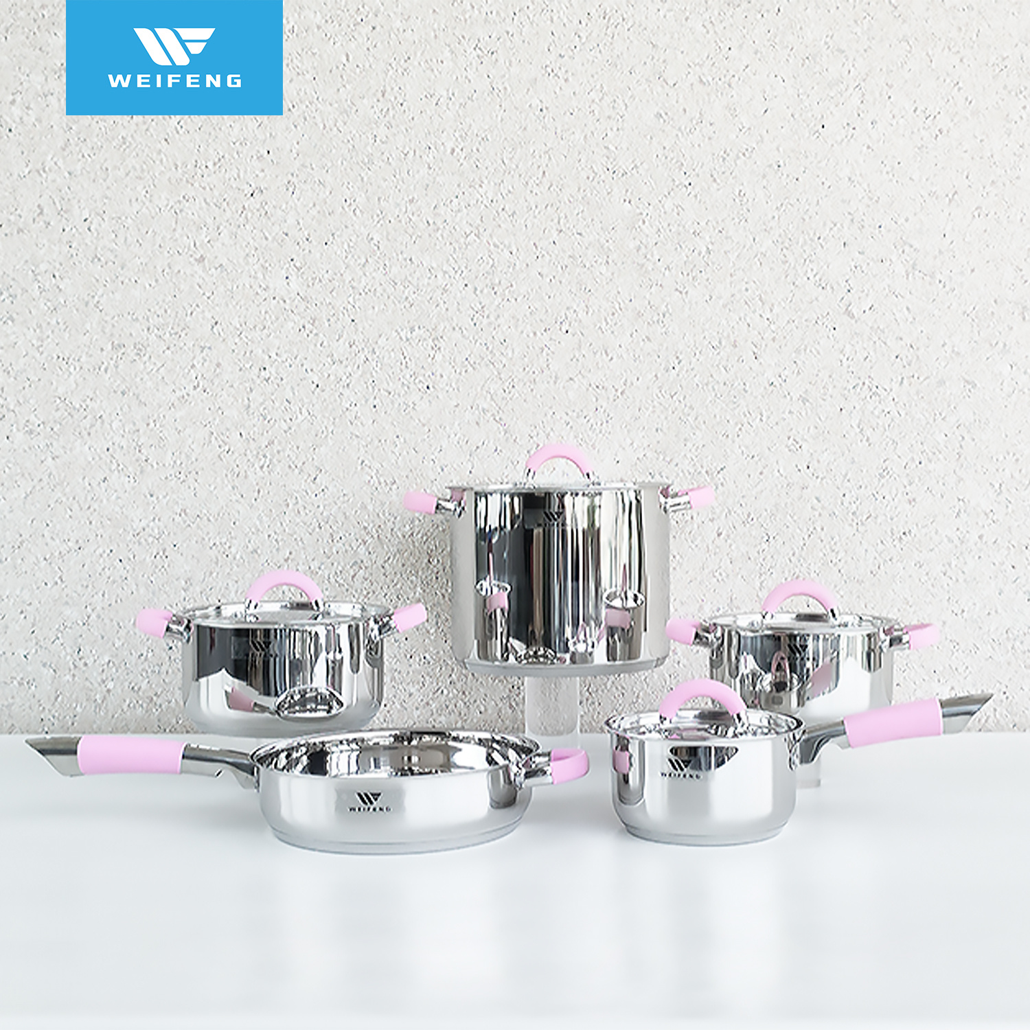 Home Kitchen Cooking Tools 9PCS Stainless Steel Cookware with Pink Silicone Handle