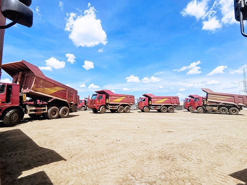 70-ton mining trucks undergoing maintenance at the Shangalowe mining area in the Democratic Republic of the Congo