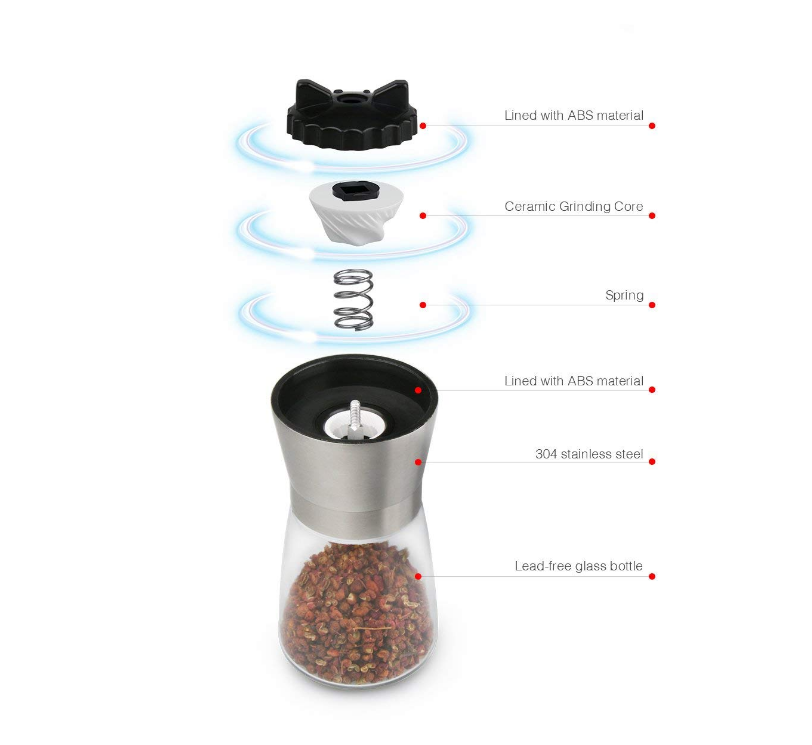 China wholesale 180ml glass pepper bottle with stainless steel grinder