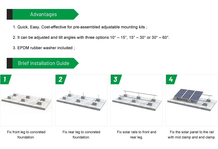 Adjustable Solar Panel Tilt Aluminum Support Solar Mounting Structure Roof Panel Adjustable Front and Rear Leg