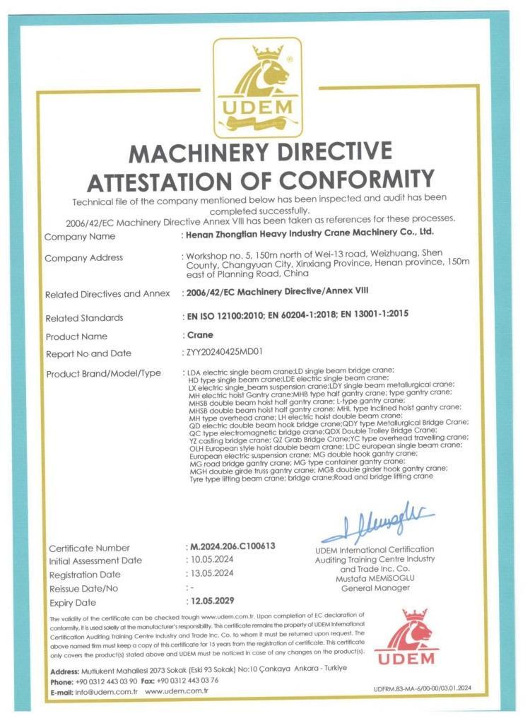 MACHINERY DIRECTIVE ATTESTATION OF CONFORMITY