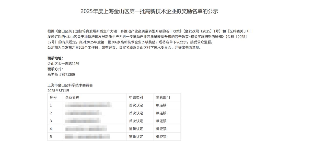 上海唐科新材料科技有限公司入选 2025 年度金山区第一批高新技术企业拟奖励名单